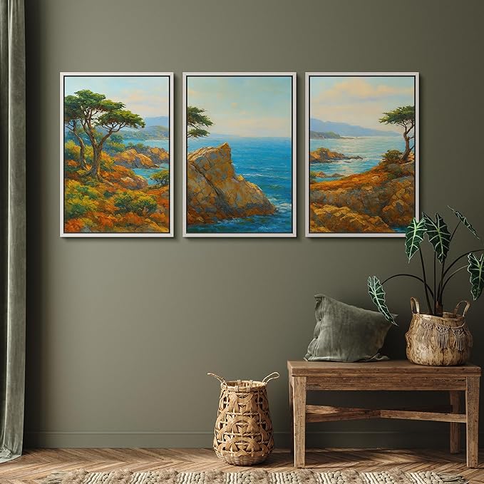 SIGNFORD Framed Wall Art Print Set Bright Coastal Cliffs and Ocean View Vibrant Seascape Digital Art Modern Art Contemporary for Living Room, Bedroom, Office - 24"x36"x3 White