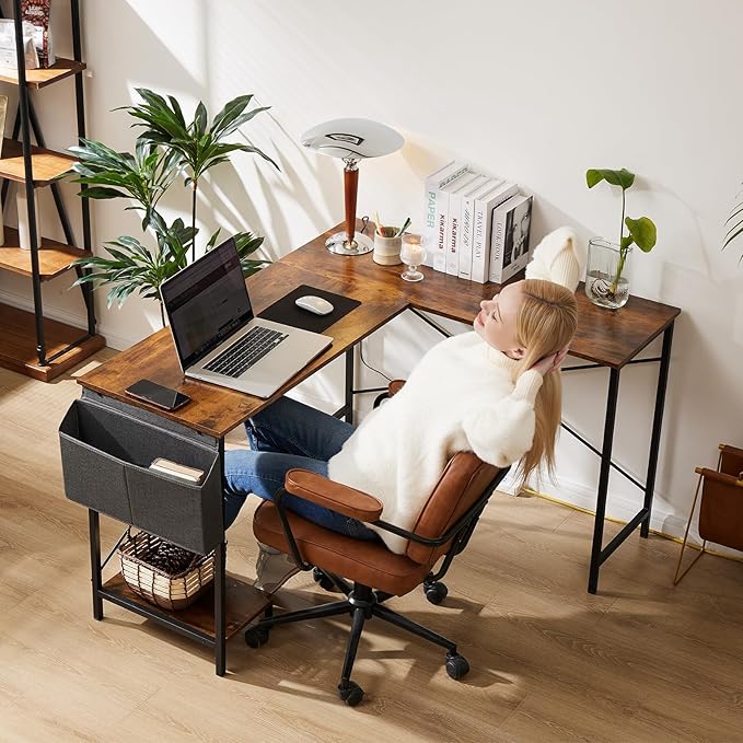 Sweetcrispy L Shaped Desk Computer Gaming Corner Table 51 Inch Home Office Writing Student Work PC Workstation with Side Storage Bag CPU Stand for Bedroom Small Spaces