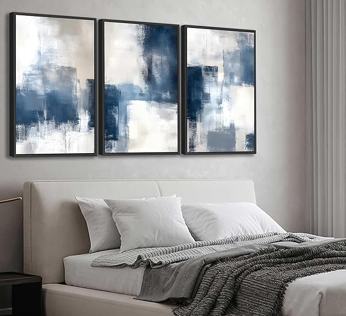 3 Pcs Framed Navy Blue Abstract Canvas Wall Art Modern Minimalist Neutral Blue and Grey Paintings Pictures Wall Decor Poster Print Artwork for Living Room Bedroom Office Home Decoration