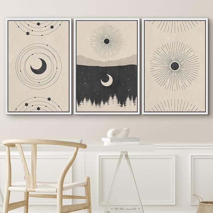 IDEA4WALL Framed Canvas Print Wall Art Set Crescent Moon Shining Sun Forest Galaxy Astronomy & Space Nature Illustrations Modern Art Rustic for Living Room, Bedroom, Office - 16"x24"x3 White