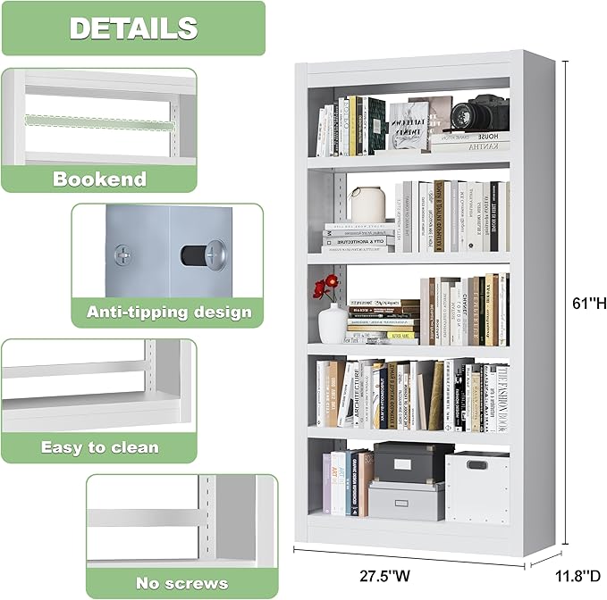61'' Tall Metal Bookcase,Modern 5 Tier Bookshelf,White Open Adjustable Bookcases,Large Heavy Duty Display Bookshelves for Library,Office,Bedroom,Living Room