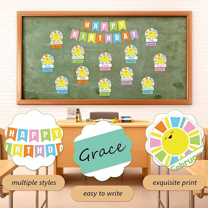 JarThenaAMCS 85Pcs Happy Birthday Bulletin Board Set Colorful Sun Calendar Poster Cartoon Cute Classroom Birthday Chart for Back to School Nursery Wall Decorations