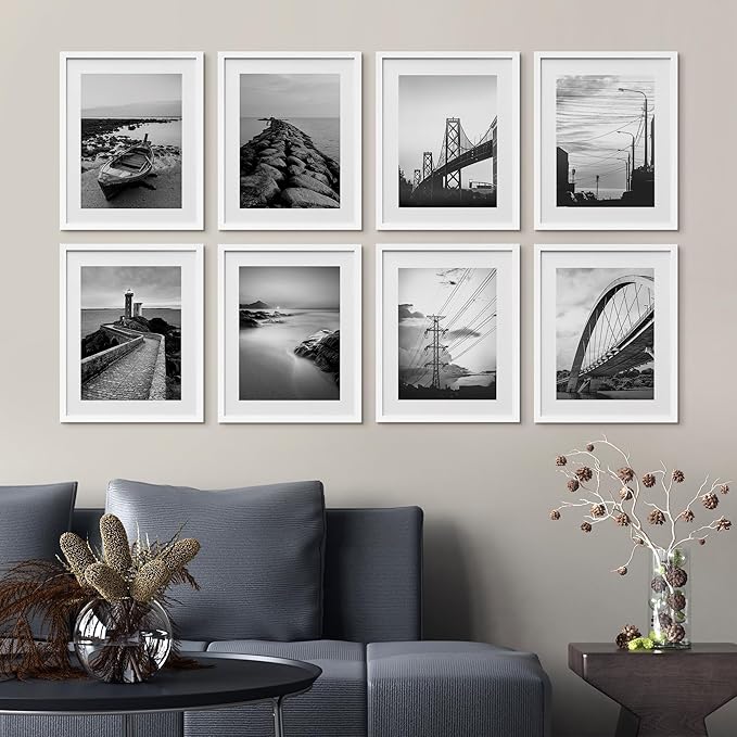 SIGNWIN Framed Poster Wall Art Set of Black & White Ocean Beach Seascape Nature Wilderness for Living Room, Bedroom, Office - 11"x14"x 8 White