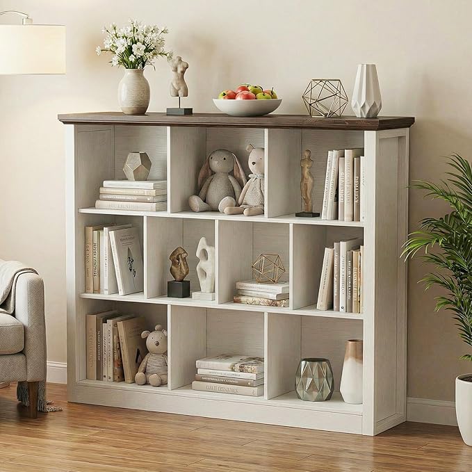 Unikito 10 Cube Storage Book Shelf - 50" Wide Wood Cube Storage Organizer, Wooden 3 Tiers Floor Standing Low Bookcase for Living Room, Bedroom, Home Office, Kids Room