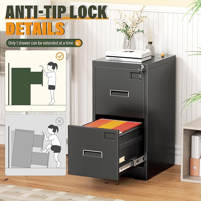 Greenvelly 2 Drawer File Cabinet with Lock, Lockable Vertical File Cabinets for Home Office, Black Metal Filing Cabinet for A4/Letter/Legal Size File, Easy Assemble