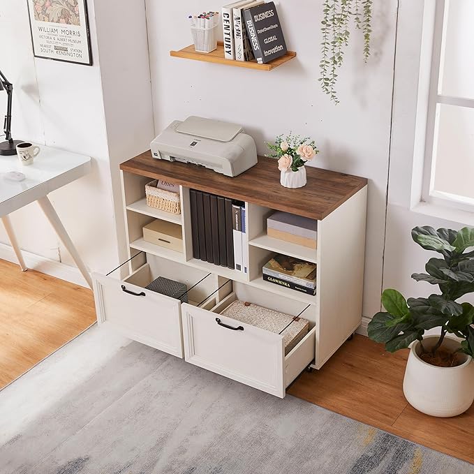 40" Lateral File Cabinet,Farmhouse Wood Small Home Office Storage with Wheels,Filing Cabinet with 2 Drawers for Legal/Letter/ A4 Size