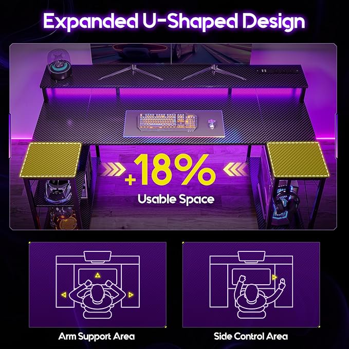 ODK 55 Inch Gaming Desk with LED Lights and Power Outlet, U-Shaped Computer Desk with Monitor Stand and Storage Shelves, PC Gamer Table for Home Office, Carbon Fiber Black