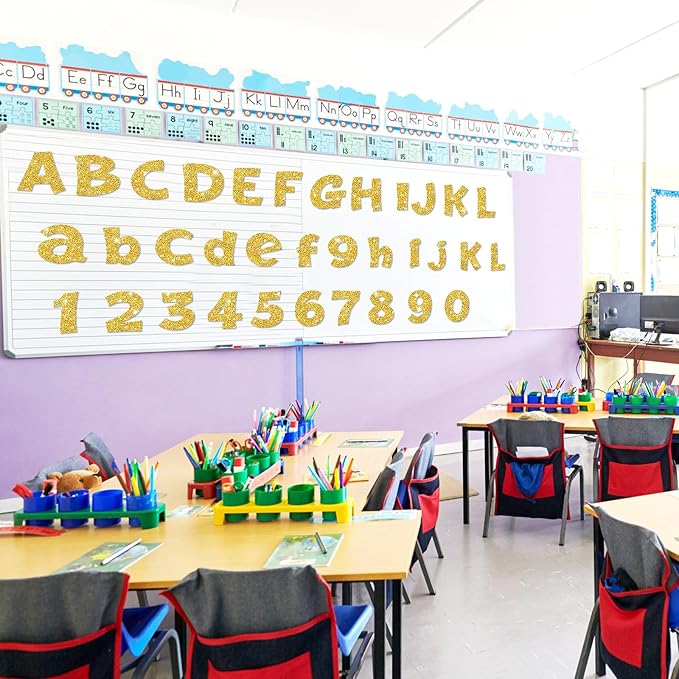 Colarr 216 Pcs Glitter Bulletin Board Letters for Classroom Number Alphabet Punctuation Symbol Cutout 4'' Die-Cut Poster Letter with Adhesive Dot School Party Holiday Decor Display(Gold)