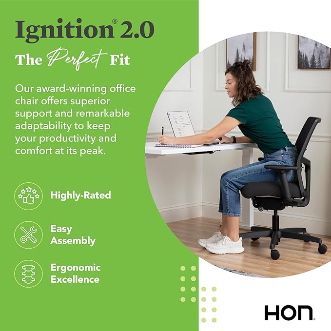 HON Ignition 2.0 Low Back Task Chair, Spectrum Mesh, Advanced Synchro-Tilt Control, Office Chair with Lumbar Support, Height and Width Adjustable Arms, Black Frame, Leaf