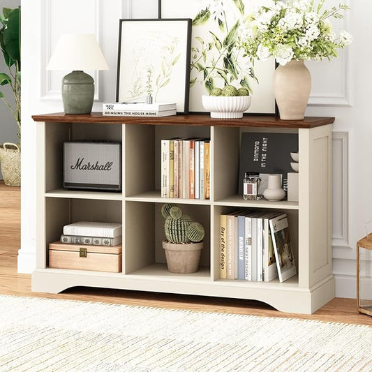 6 Cube Storage Organizer - 47.4" Farmhouse Wood Low Bookshelf, 3 Tier Horizontal Open Shelf Bookcase Cubby Storage Console Cabinet for Living Room, Entryway, Office, Antique White