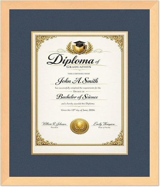 CountryArtHouse Diploma Frame Fits 11 x 14 College Diploma (Portrait) - Keepsake Graduation Display Natural Wood Genuine Hardwood with Navy Blue Over Metallic Gold Double mat