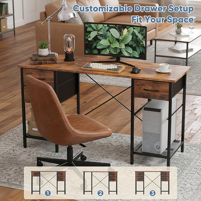Sweetcrispy Computer Desk with Drawers, 55 Inch Home Office Bedroom Table with 4 Fabric Drawers & 2 Mesh Storage Shelves, Wood Table with X-Shaped Structure for Writing Study PC Desk, Brown