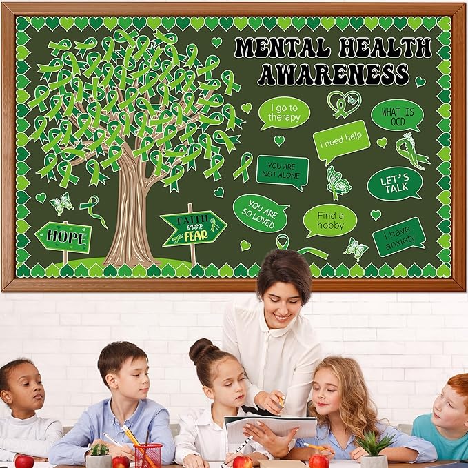Mental Health Awareness Bulletin Board Set Positive Sayings Therapy Classroom Decorations Green Ribbon Mental Health Paper Cutouts for Motivational Inspirational School Wall Decor Teacher Supplies