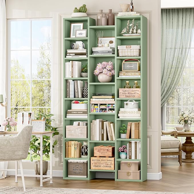 FOTOSOK 71'' Tall Bookshelf with 21 Cubes, 8 Tier Triple Wide Bookshelf with 8 Adjustable Shelves, 35" Large Bookcase DVD/CD Media Tower Storage, Freestanding Display Shelf Cabinet, Green