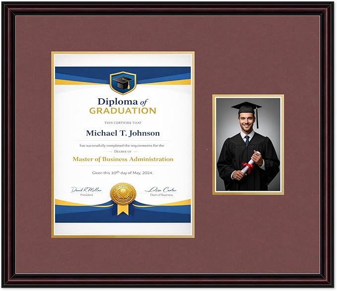 Diploma Frame With Photo Opening Executive Brown Dark Red Over Gold Mat - Fits 10 x 13 Degree and Picture Made in the USA