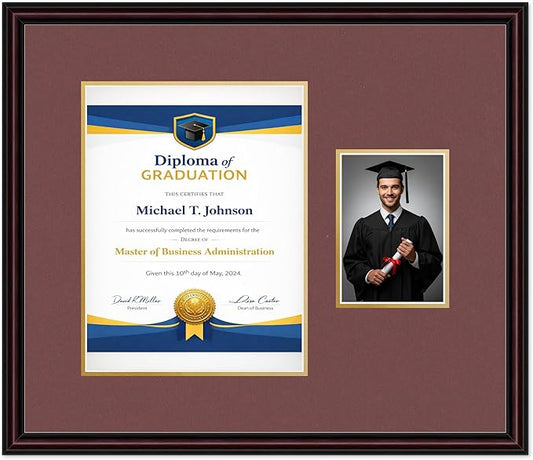 Diploma Frame With Photo Opening Executive Brown Dark Red Over Gold Mat - Fits 10 x 13 Degree and Picture Made in the USA