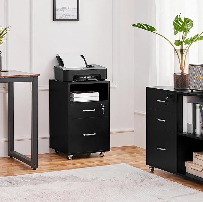 Topeakmart File Cabinet Movable Vertical Filing Cabinet with 2-Drawer and 1-Open Shelf Mobile Letter File Storage Oragnizer Lateral File Srorage on Wheels, for A4/ Legal/Letter Black