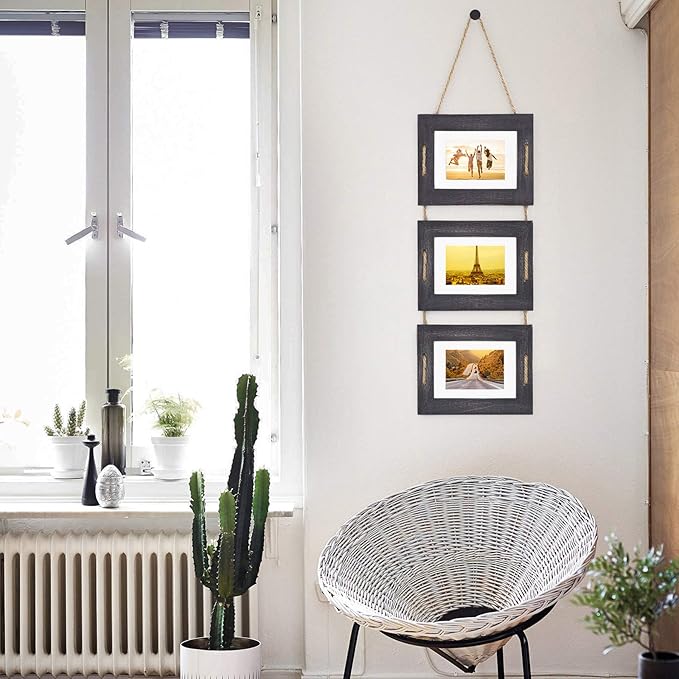 DLQuarts 5x7 Hanging Picture Frames Collage Wall Decor, 3-Opening Photo Frames 5x7 Without Mat & 3.5x5 with Mat, Rustic Wood 3-Frame, Weathered Black