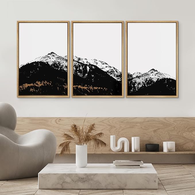SIGNWIN 3 Piece Framed Canvas Wall Art Black and White Mountain Tops Photo Nature Wilderness Illustrations Abstract Traditional Home Artwork Decoration for Living Room,Bedroom - 24"x36"x3 Natural