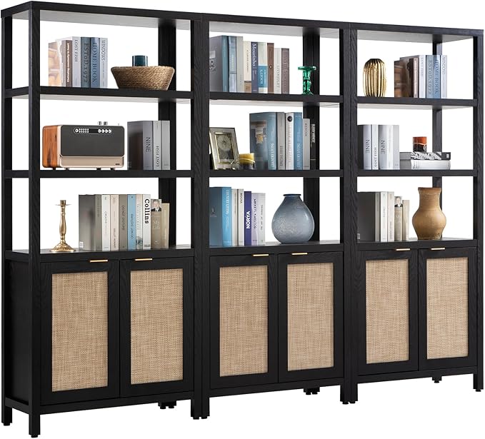 SICOTAS Bookshelf 5 Tier Book Shelf Rattan Boho 71" Tall Bookcase with Doors Storage Shelves Large Bookshelves Farmhouse Bookcases Library Book Case for Living Room Bedroom Home Office Kitchen