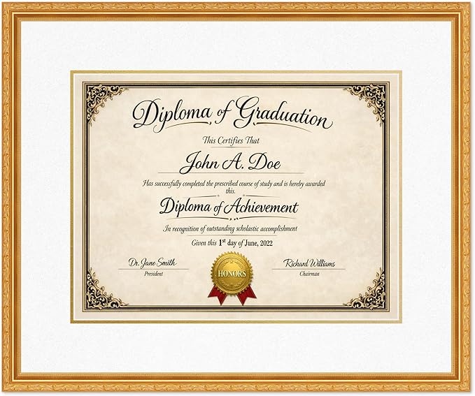 Diploma Frame Museum Gold with Oyster Shell Over Gold Double Mat - Fits 17 x 13 International Diploma Wall Display Made in the USA