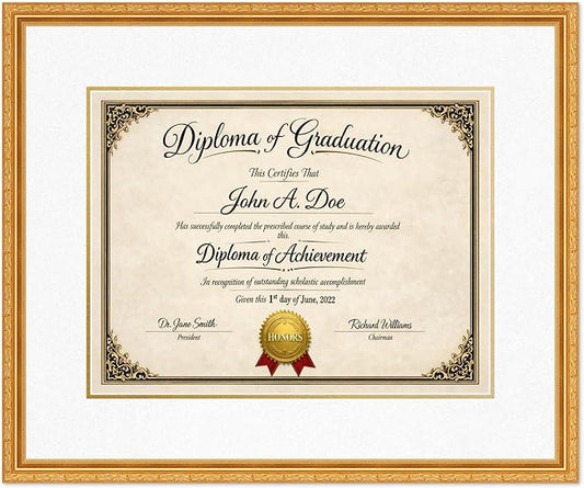 Diploma Frame Museum Gold with Oyster Shell Over Gold Double Mat - Fits 17 x 13 International Diploma Wall Display Made in the USA