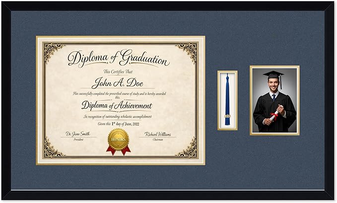 Diploma Tassel and Photo Frame Matte Black Shadowbox Navy Blue Over Gold Mat - Fits 17 x 13 Degree Picture Made in the USA