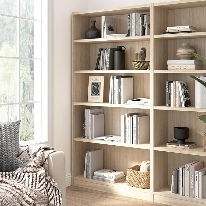 Bush Home Universal Tall 5 Shelf Bookcase in Natural Elm, Vertical Storage and Display Bookshelf for Home Office or Living Room Organization