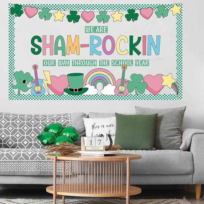 St. Patrick's Day Bulletin Board Set Shamrock Rainbow Paper Cut Outs St. Patrick's Day Classroom Bulletin Board Decoration Hearts Stars Hat Guitars Decor for Party Classroom Chalkboard Wall Decoration