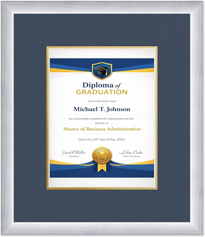 Diploma Frame Stainless Silver with Navy Blue Over Gold Double Mat - Fits 8.5 x 11 Certificate (Portrait) Wall Display Made in the USA