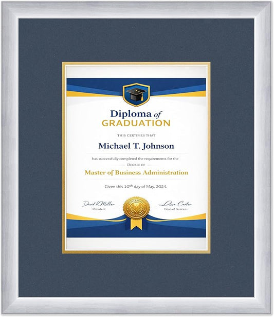 Diploma Frame Stainless Silver with Navy Blue Over Gold Double Mat - Fits 8.5 x 11 Certificate (Portrait) Wall Display Made in the USA