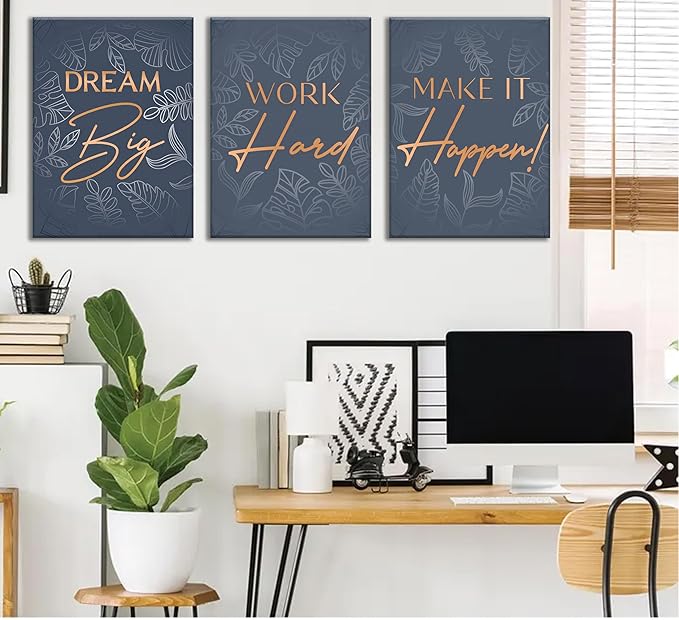 3Pcs Blue Gold Inspirational Office Canvas Wall Art Inspiring Motivational Positive Quote Botanical Paintings Pictures Wall Decor Posters Print Artwork for School Bedroom Living Room Home Decoration