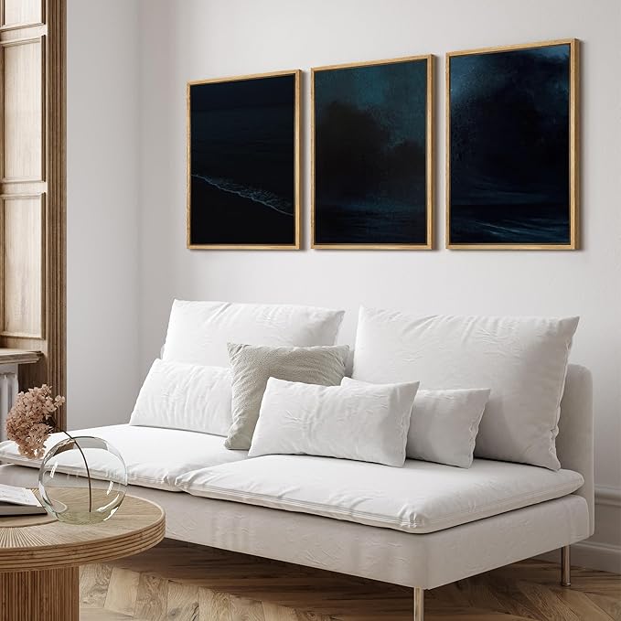 SIGNFORD Framed Wall Art Print Set Midnight Ocean Waves Dramatic Dark Seascape Digital Art Modern Art Contemporary for Living Room, Bedroom, Office - 16"x24"x3 Natural
