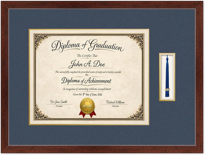 Diploma Frame with Tassel Holder Rustic Walnut Shadowbox Navy Blue Over Gold Mat - Fits 15 x 12 Degree Made in the USA