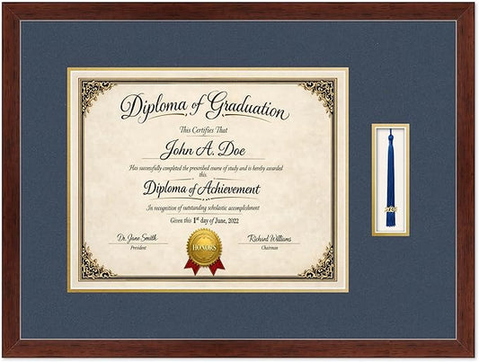Diploma Frame with Tassel Holder Rustic Walnut Shadowbox Navy Blue Over Gold Mat - Fits 15 x 12 Degree Made in the USA