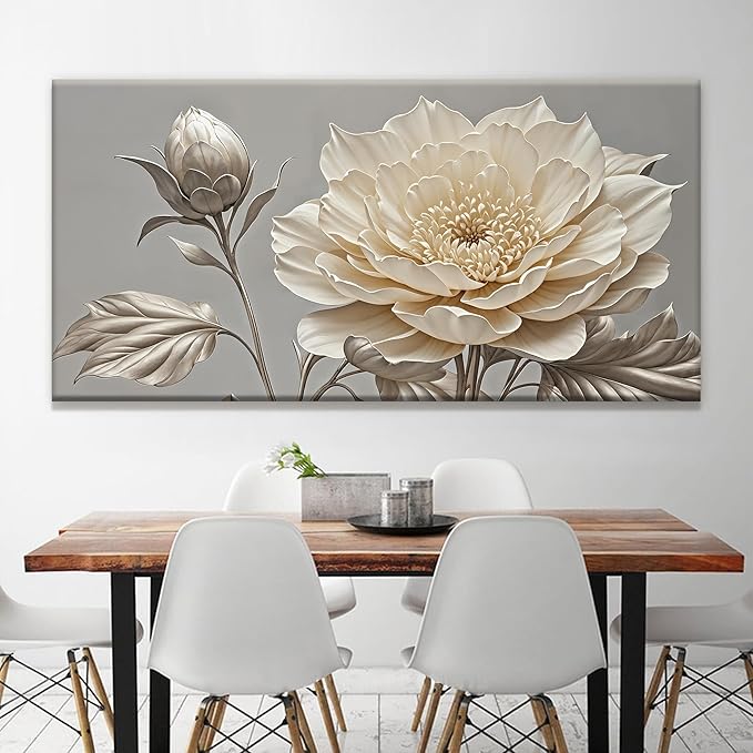 QSQ Large Wall Art Living Room Home Wall Decor Modern Canvas Art Wall Decor 29 X 58 Inches White Painting Print Elegant Silver White Flower Wall Art Picture For Bedroom Office Decoration Artwork