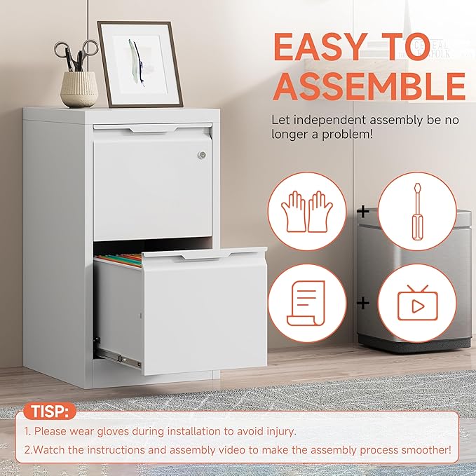2 Drawer File Cabinet,Metal Vertical File Storage Cabinet with Lock, Printer Stand,Home Office Steel for A4 Letter/Legal Size, Assembly Required(White)