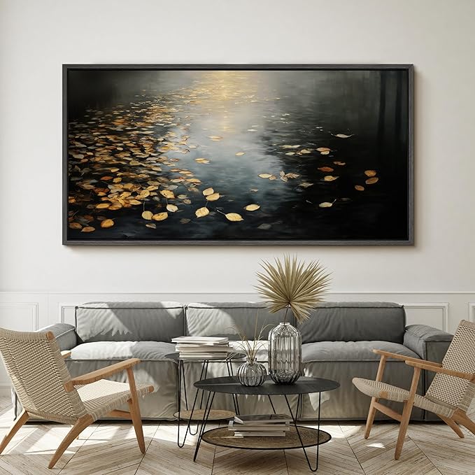 SIGNFORD Extra Large Framed Canvas Print Wall Art Moody Water Reflection with Floating Leaves Illustrations Modern Art Calm Warm for Living Room, Bedroom, Office - 60"x30"