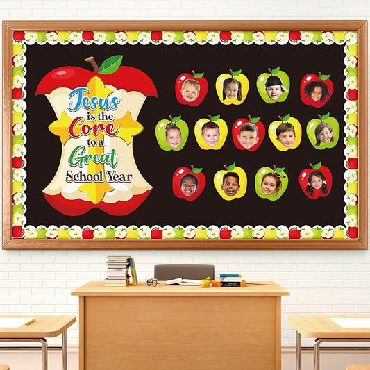 Pajean Christmas Jesus Bulletin Board Christian Religious Classroom Decor Jesus is The Core to a Great School Year Apple Bulletin Board for Xmas Sunday School Church Window Door Wall Teacher Supplies
