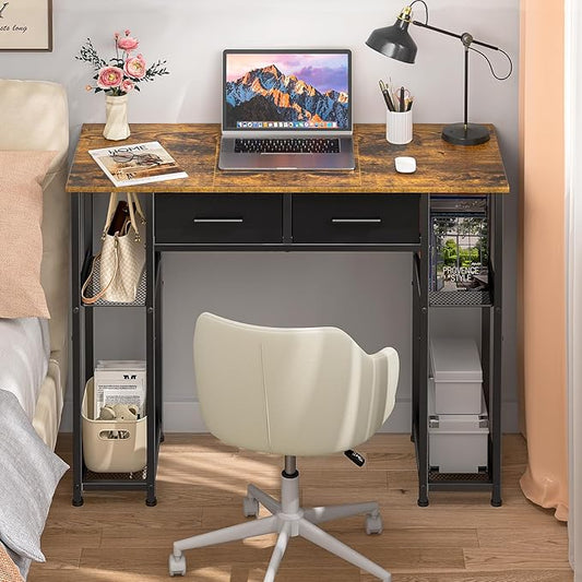 Computer Desk with Drawers, 37.3 Inch Home Office Work Desk with Storage Shelf, Kids Teens Study Table for Small Space, Small Writing PC Table for Bedroom Makeup Vanity Desk, Brown