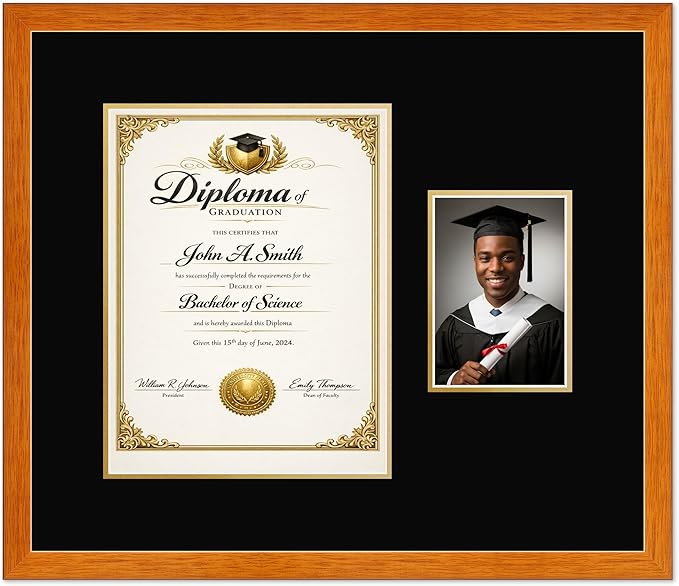 CountryArtHouse Fits 10 x 13 College Diploma (Portrait Traditional) and 5 x 7 Photo Diploma and Photo Frame Honey Oak Genuine Hardwood with Black Over Metallic Gold Double mat