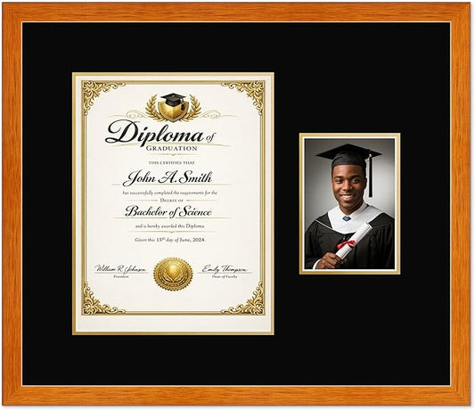 CountryArtHouse Fits 10 x 13 College Diploma (Portrait Traditional) and 5 x 7 Photo Diploma and Photo Frame Honey Oak Genuine Hardwood with Black Over Metallic Gold Double mat