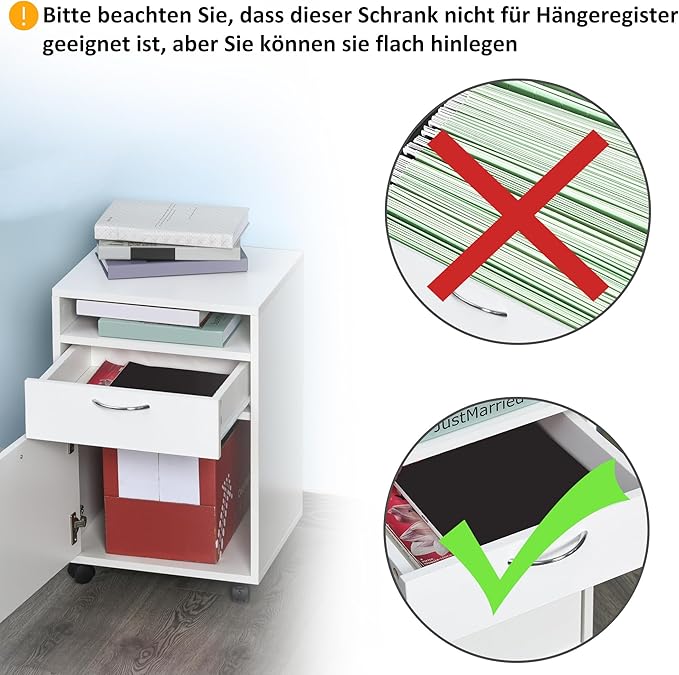 HOMCOM Rolling File Cabinet with Shelf, Office Container with Drawer, Office Cabinet, Storage Container for Office, Study, White, 40 x 35 x 60 cm