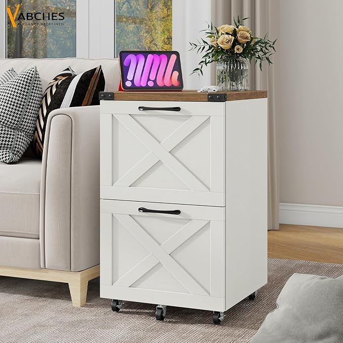 Vabches Farmhouse File Cabinet with 2 Drawers, Vertical Filing Cabinet on Wheels for Letter/A4 Size Hanging Files, Mobile File Cabinets Printer Stand for Home Office, Rustic White