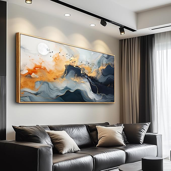 MHARTK66 Framed Wall Art Abstract Large Canvas Picture Ready to Hang Marble Fluid Art with Gold Foil Moon & Bird Design Home Decor for Living Room Bedroom Hotel Office Wall Decorative Artwork 20x40
