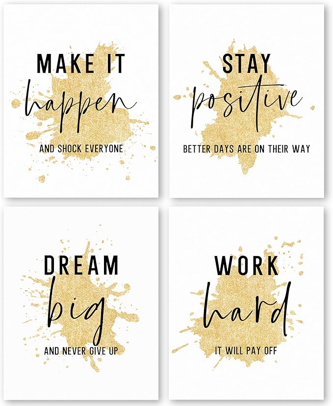 QLMX Gold Office Inspirational Wall Art Prints Set of 4, Motivational Gold Prints Wall Decor for Office Women Men, Positive Quotes Poster for Home 8”x10” Unframed