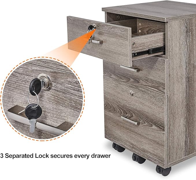 Bonnlo 26"H 3 Drawer File Cabinet With Lock, Rolling Under Desk, Mobile for Home Office, Wood Printer Stand for Letter Size Filings, Assembly Required, Gray Oak
