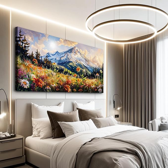 FUHAIHUA Canvas Wall Art For Living Room Framed Wall Decor For Bedroom Modern Office Wall Decoration Mountain Flower Landscape Paintings Farmhouse Pictures Artwork Aesthetic Home Decor 20x40 In