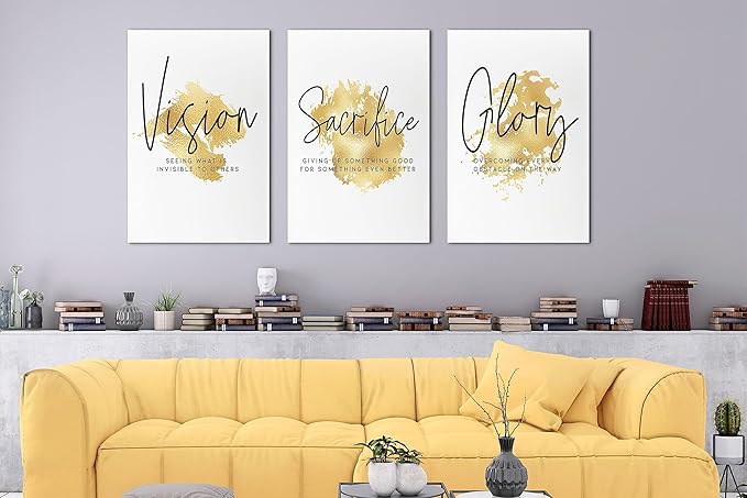 SHMAO Gold Office Canvas Wall Art Motivational Wall Decor, 3 Piece Vision Sacrifice Glory Print Pictures for Office Wall Decor Women Inspirational Framed Artwork Home Office Decor 20”x30”x3 Panels