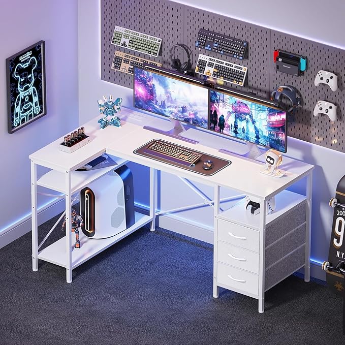 Simple Deluxe L Shaped Gaming Desk with Power Outlets, 47 Inch Computer Desk with 3 Drawers, Shelves, Corner Computer Desk for Gaming, Corner Work, Home Office, Study, White